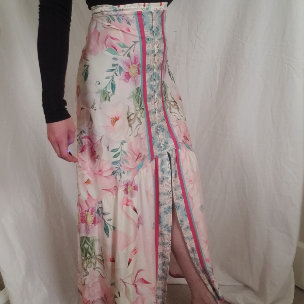 Pink Floral Flamingo Pattern Maxi Slit Leg Skirt